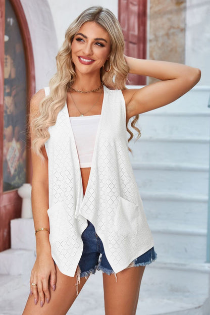 Eyelet Open Front Sleeveless Cardigan