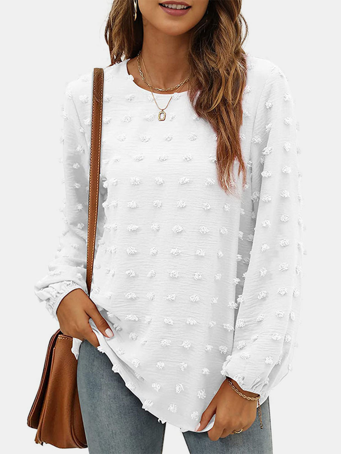 Swiss Dot Round Neck Long Sleeve Blouse