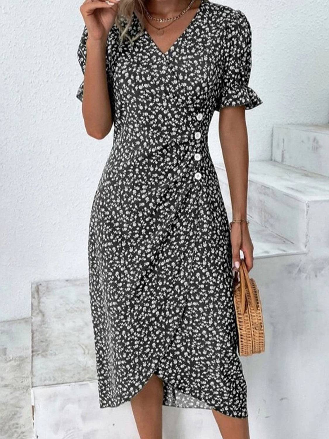 Full Size Printed Surplice Flounce Sleeve Midi Dress