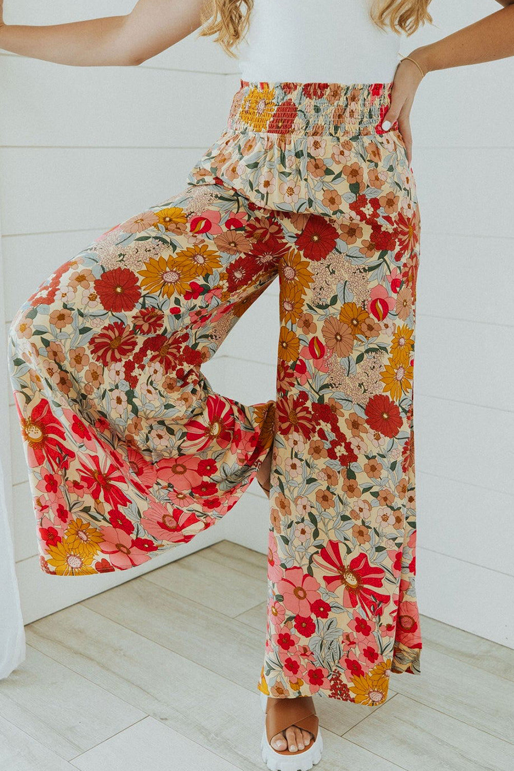 Oatmeal Boho Floral Smocked Waist Wide Leg Pants