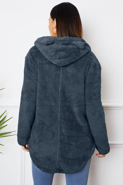 Fuzzy Button Up Hooded Outerwear