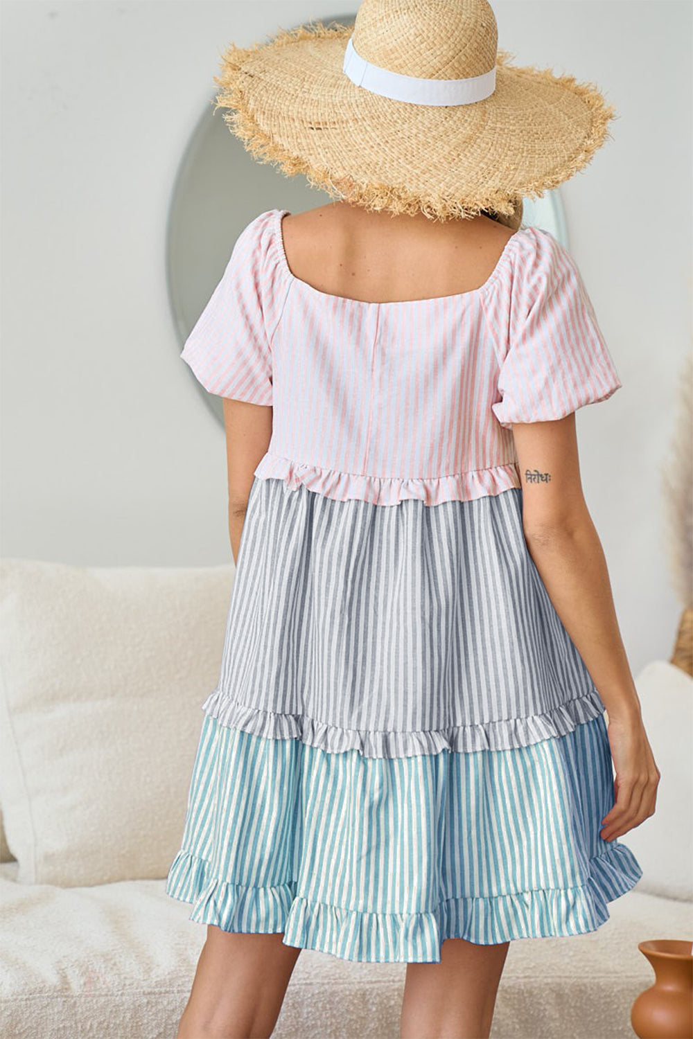 BiBi Square Neck Puff Sleeve Ruffled Hem Tiered Dress