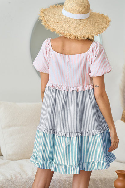 BiBi Square Neck Puff Sleeve Ruffled Hem Tiered Dress
