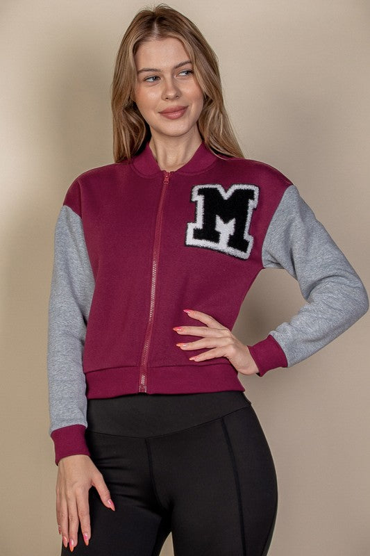 Letter Patched Striped Trim Varsity Jacket