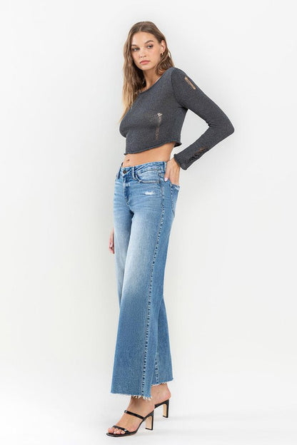 Mid Rise Raw Hem Wide Leg Jeans