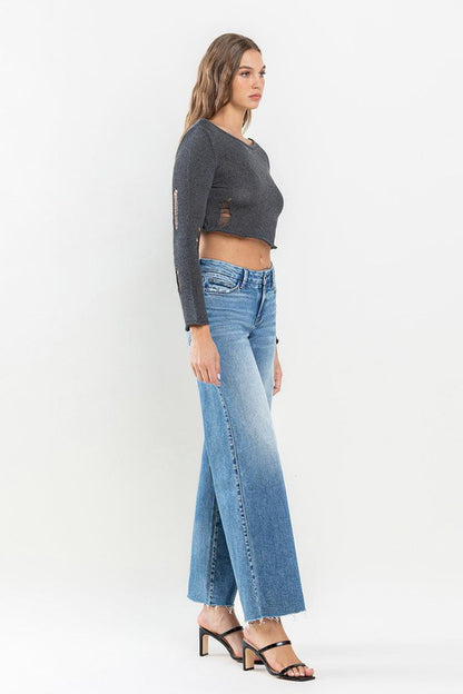 Mid Rise Raw Hem Wide Leg Jeans