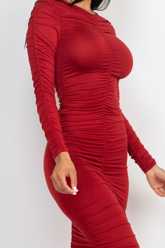 Ruched Long Sleeve Midi Dress