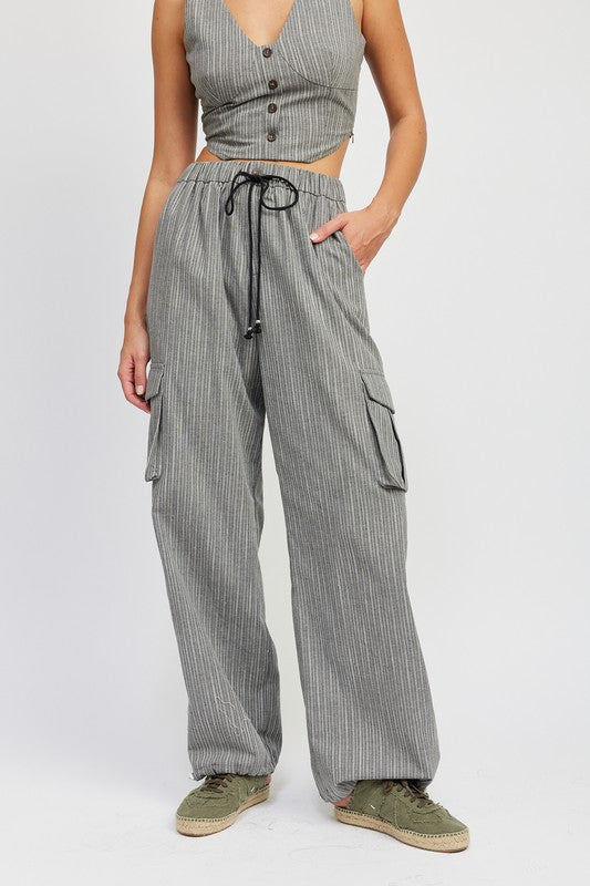 STRIPED CARGO PANTS WITH WAIST DRAWSTRING