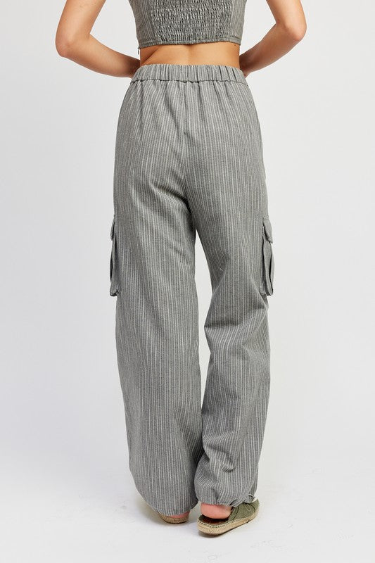 STRIPED CARGO PANTS WITH WAIST DRAWSTRING