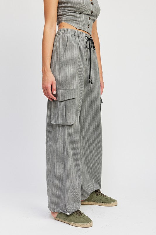 STRIPED CARGO PANTS WITH WAIST DRAWSTRING