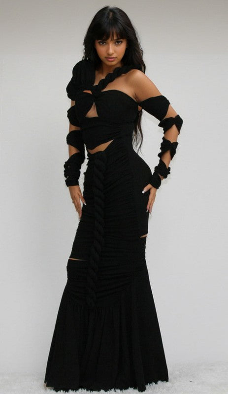 Long Sleeve Wrap Rope Maxi Dress