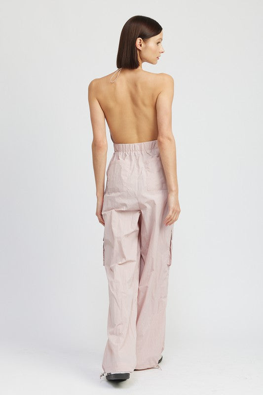 SPAGHETTI STRAP CARGO JUMPSUIT