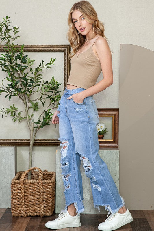 Sky Blue Heavy Destroyed High Waist Jeans