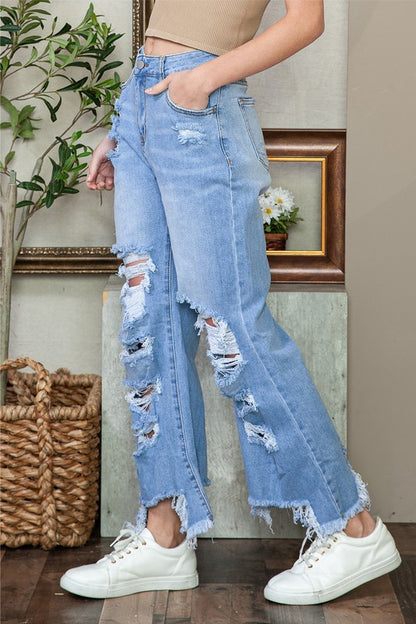 Sky Blue Heavy Destroyed High Waist Jeans