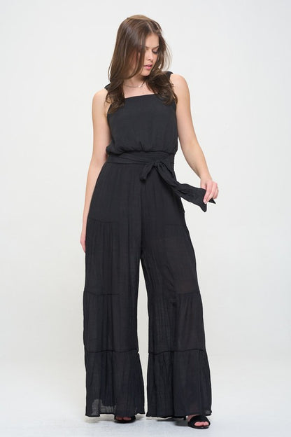 ELASTIC STRAP TIERED JUMPSUIT