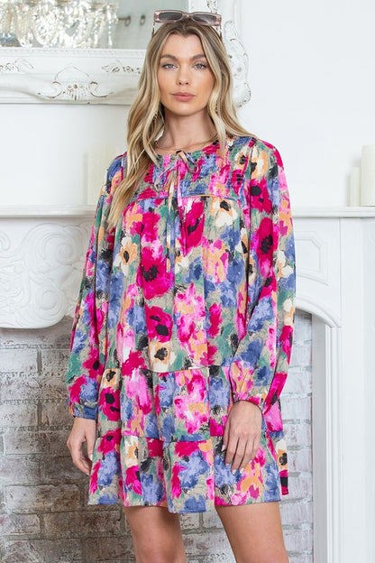 Multicolour Floral Tie Neck Shift Dress