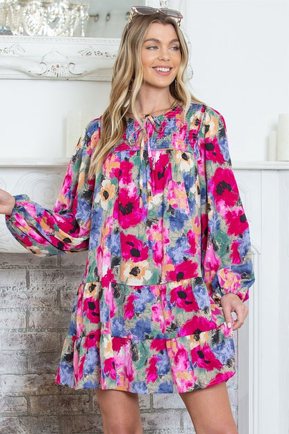 Multicolour Floral Tie Neck Shift Dress