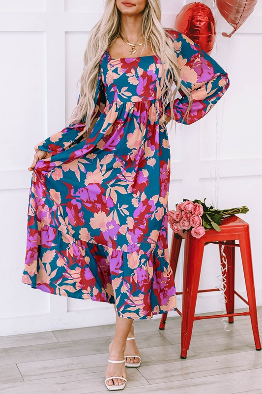 Multicolour Floral Print Square Neck Ruffled Dress