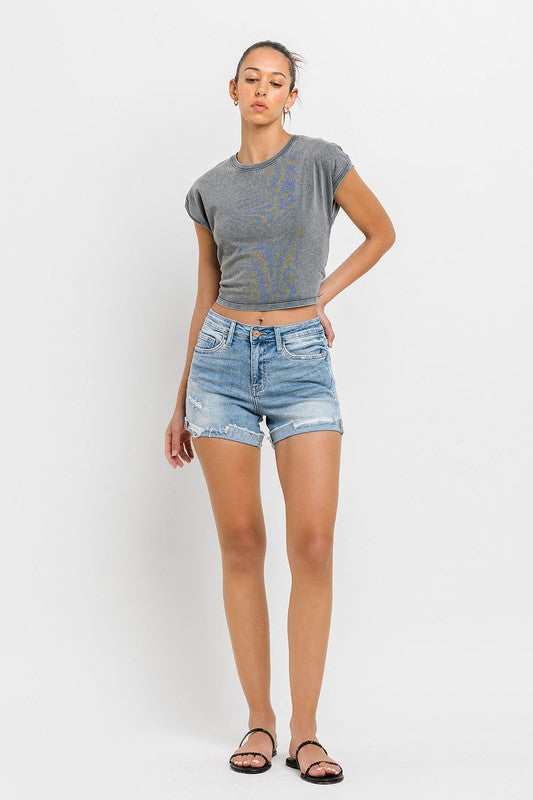 High Rise Cuffed Stretch Shorts