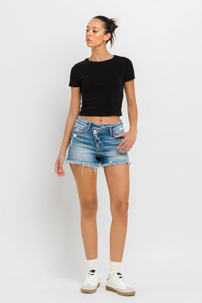 High Rise Distressed Criss Cross Shorts