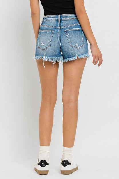 High Rise Distressed Criss Cross Shorts