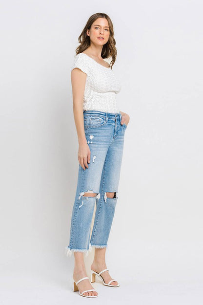 High Rise Frayed Hem Crop Straight Jeans