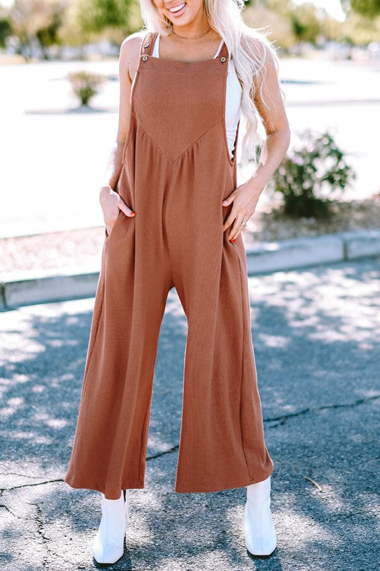 Flame Textured Buttoned Ruched Wide Leg Jumpsuit