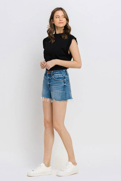 High Rise Distressed Hem A-Line Shorts