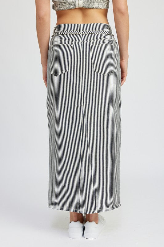 STRIPED TWILL MAXI SKIRT WITH SLIT