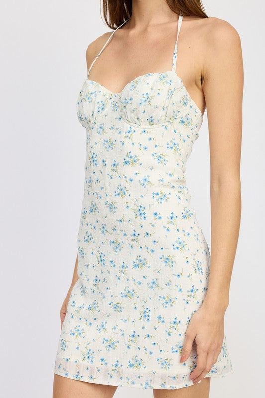 HALTER NECK MINI DRESSW WITH BUST RUCHING DETAIL