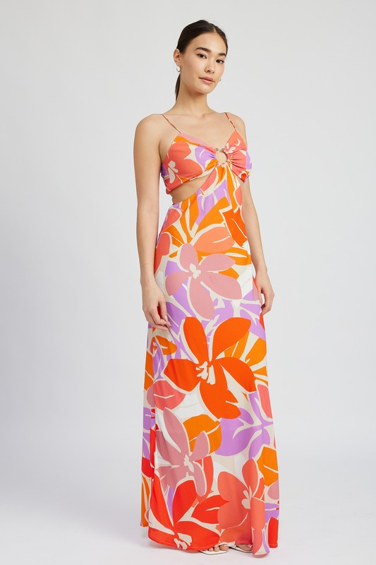 FLORAL CUT OUT MAXI DRESS WITH O RING DETAIL