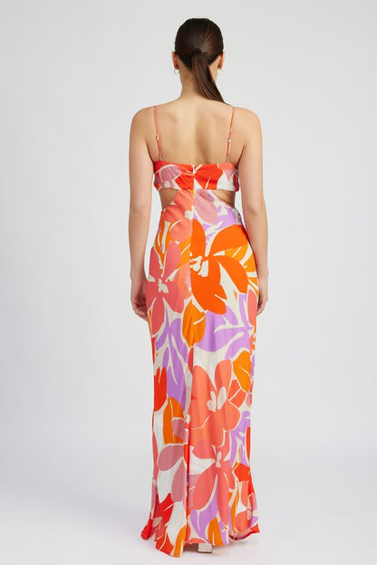 FLORAL CUT OUT MAXI DRESS WITH O RING DETAIL