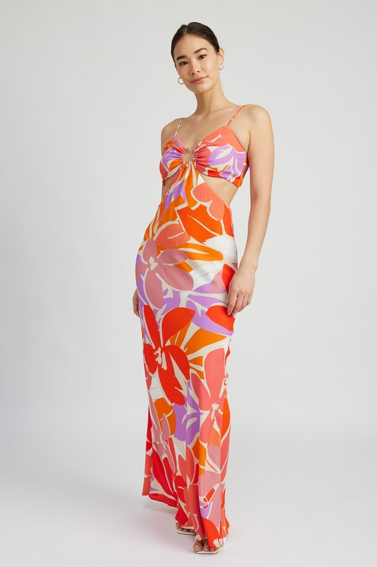 FLORAL CUT OUT MAXI DRESS WITH O RING DETAIL