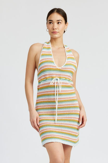 STRIPED CROCHET MINI DRESS WTIH HALTER NECK