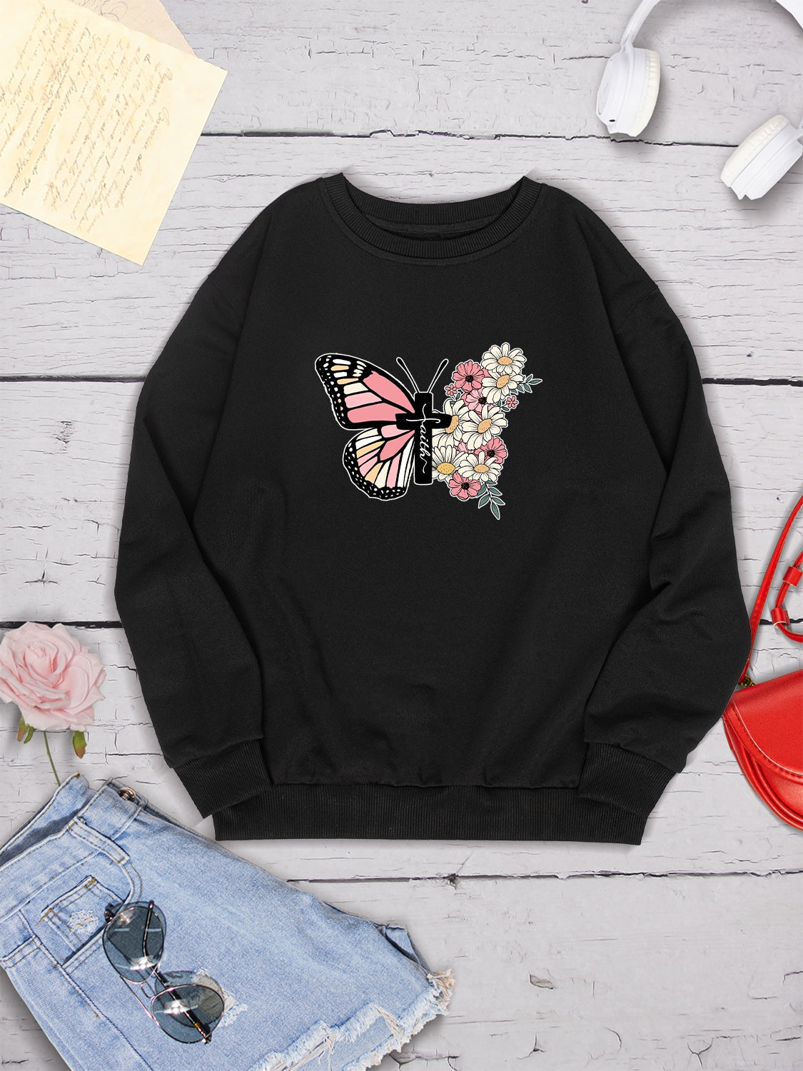 Butterfly Round Neck Dropped Shoulder Sweatshirt