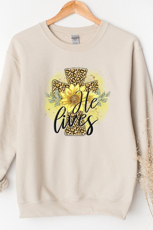 Easter He Lives Leopard Cross Sweatshirt