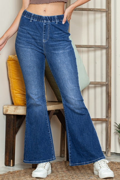 Elastic High Waist Flare Jeans