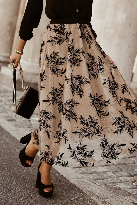 Floral Leaves Embroidered High Waist Maxi Skirt