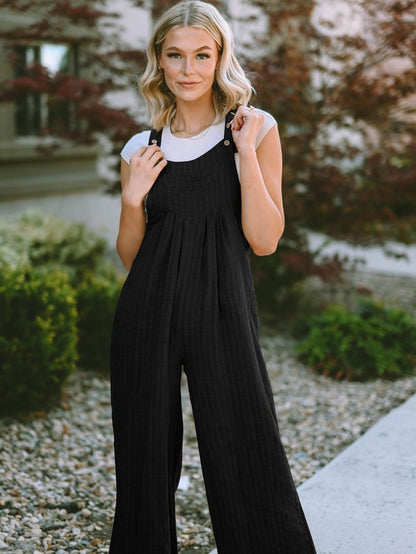 Striped Pleated Wide Leg Pocketed Jumpsuit