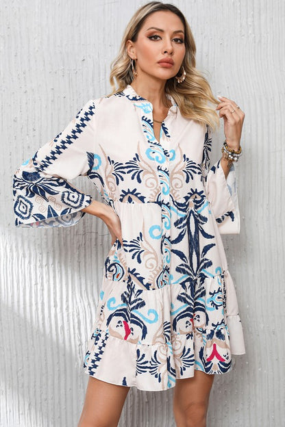 Tribal Print Bracelet Sleeve Buttoned Mini Dress