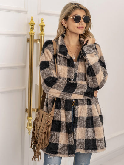 Plaid Collared Neck Longline Coat