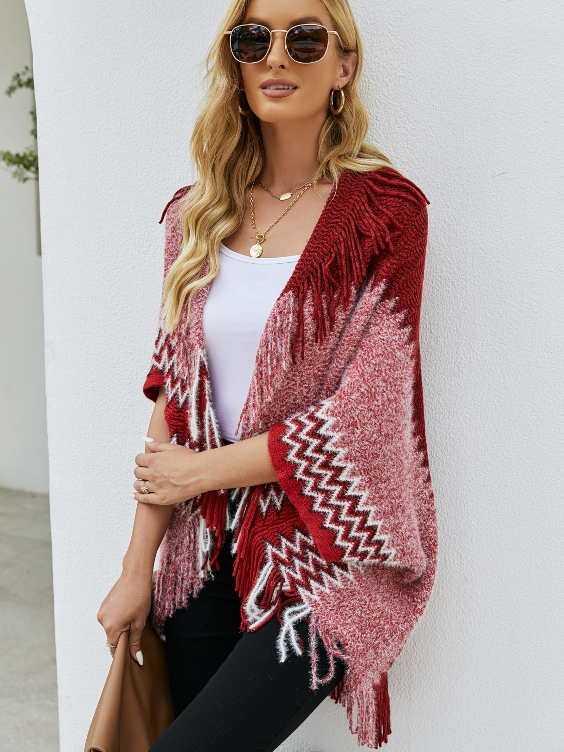 Geometric Fringe Open Front Cardigan