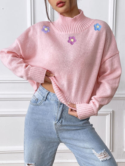 Flower Turtleneck Long Sleeve Sweater