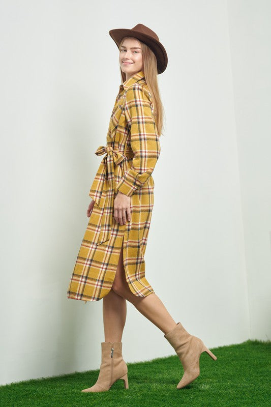 PLAID PRINT COLLAR LONG SHIRT DRESS