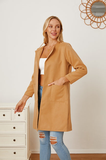 Open Front Pocketed Long Sleeve Coat