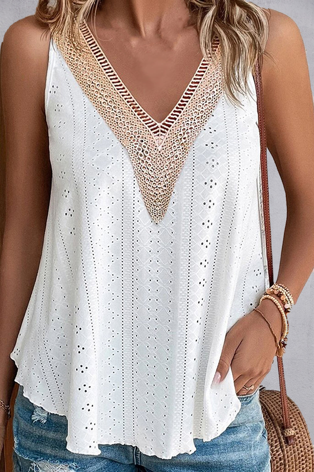 Lace Detail Eyelet V-Neck Tank