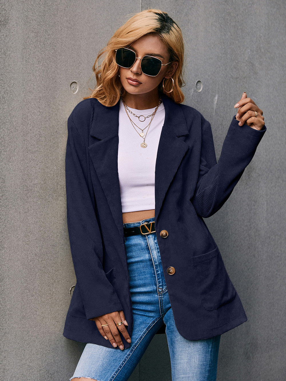 Corduroy Long Sleeve Longline Blazer with Pockets