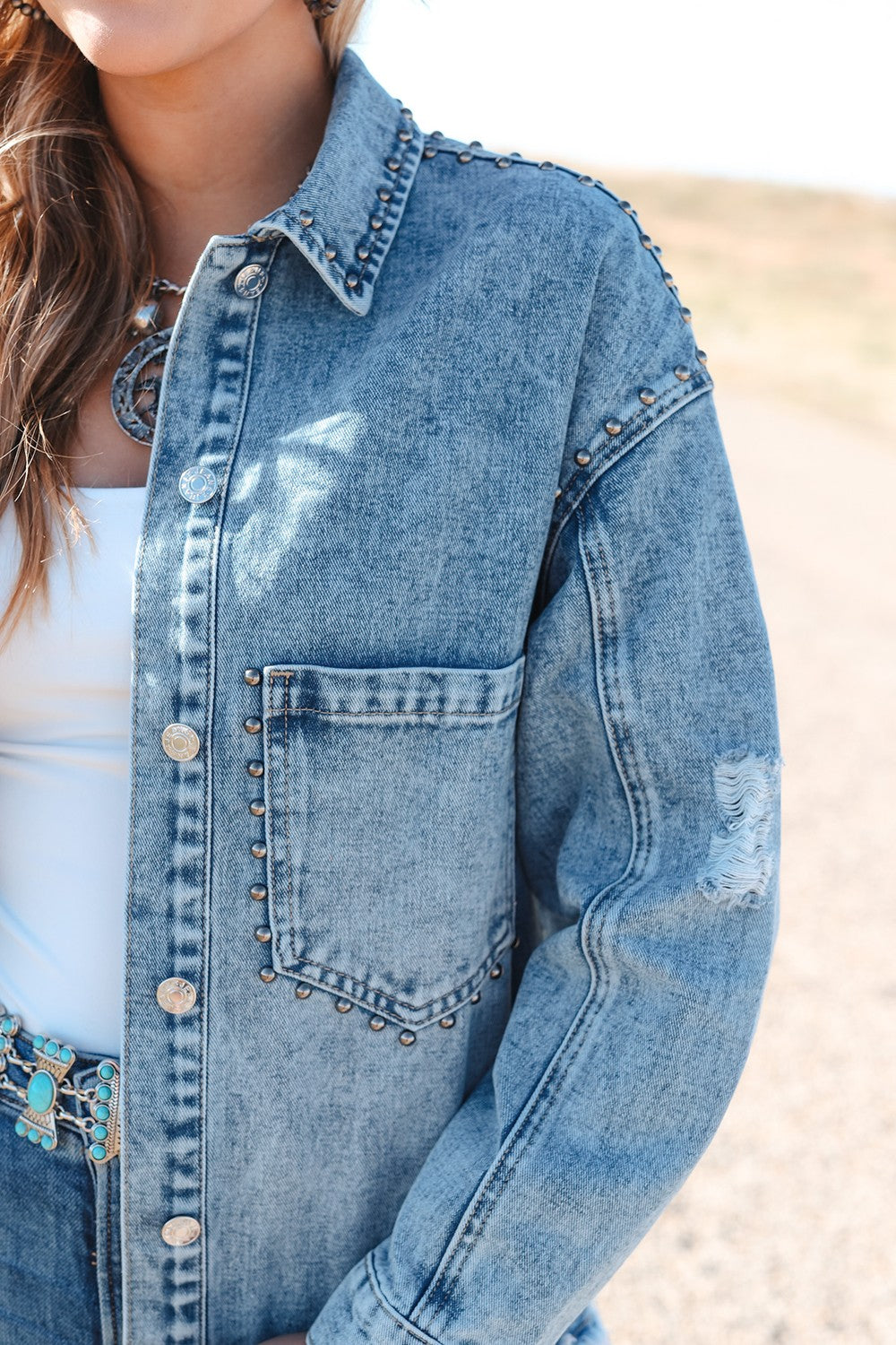 Studded Button Up Raw Hem Denim Jacket