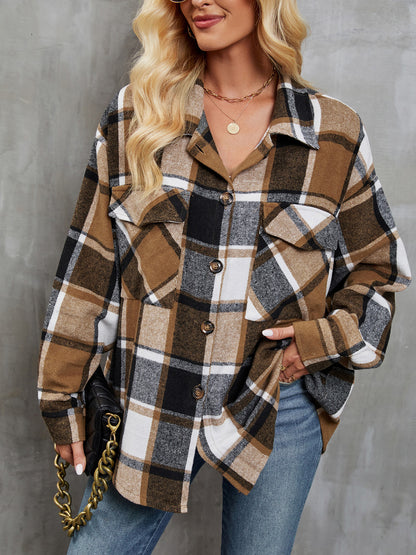 Plaid Button Up Dropped Shoulder Outerwear