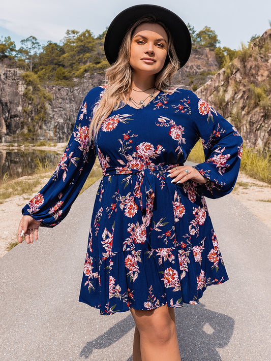 Plus Size V-Neck Long Sleeve Dress